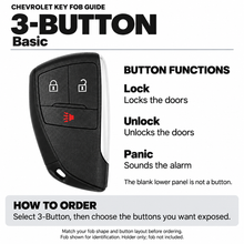 Load image into Gallery viewer, Chevrolet 3-button key fob layout guide: lock, unlock, panic. Basic. Fob shown for identification; holder sold separately.