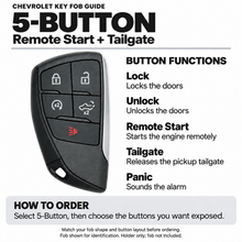 Load image into Gallery viewer, Chevrolet 5-button key fob guide: lock, unlock, remote start, pickup tailgate release and panic. Fob shown for identification; holder only.