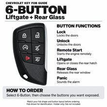 Load image into Gallery viewer, Chevrolet 6-button key fob layout guide: lock, unlock, remote start, liftgate, rear glass, panic. Liftgate + Rear Glass. Fob shown for identification; holder sold separately.