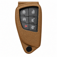Load image into Gallery viewer, Chevrolet key fob holder in Coyote Brown, front view on white background. Holder color preview; key fob and hardware unchanged.