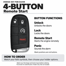 Load image into Gallery viewer, Dodge 4-button key fob guide: unlock, lock, remote start, panic. Remote Start. Fob identification illustration; holder only.