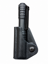 Load image into Gallery viewer, Black AGS Micro Light Kydex Holder showing its curved front opening, rounded edges and adjustable retention, with a flashlight and black pocket clip installed on a white background.