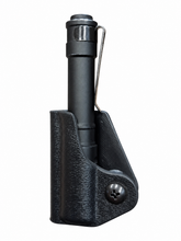 Load image into Gallery viewer, Black AGS Micro Light Kydex Holder with a compact flashlight and its silver pocket clip installed, shown on a white background.