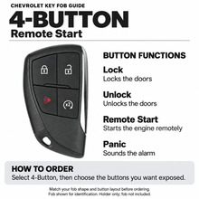 Load image into Gallery viewer, Chevrolet 4-button key fob layout guide: lock, unlock, remote start, panic. Remote Start. Fob shown for identification; holder sold separately.

