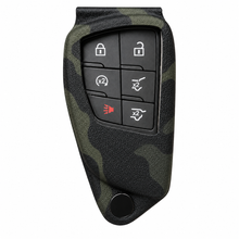 Load image into Gallery viewer, Chevrolet key fob holder in MultiCam Black, front view on white background. Holder color preview; key fob and hardware unchanged.
